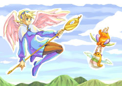 Rule 34 | 1girl, angel wings, ass, blonde hair, blue footwear, boots, breasts, breath of fire, breath of fire iv, dress, hairband, jewelry, knee boots, nina (breath of fire iv), pantyhose, short hair, skirt, staff, white wings, wings