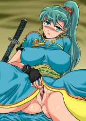 Rule 34 | artist request, blush, fire emblem, fire emblem: the blazing blade, green eyes, green hair, lyn (fire emblem), nintendo, ponytail, pussy, spread pussy, uncensored