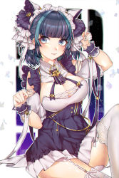Rule 34 | 1girl, absurdres, animal ears, apron, aqua eyes, artist request, azur lane, blue nails, breasts, cheshire (azur lane), cleavage, detached sleeves, fake animal ears, frilled hairband, frilled headband, frilled ribbon, frills, garter straps, hairband, highres, large breasts, long ribbon, maid headdress, multicolored hair, nail polish, puffy detached sleeves, puffy sleeves, purple apron, purple hair, ribbon, sitting, solo, streaked hair, thighhighs, two-tone hair, white thighhighs, wrist cuffs