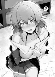 Rule 34 | !?, 1girl, ^^^, absurdres, aisutei, arm under breasts, bare shoulders, blush, breasts, choker, collarbone, commentary request, corset, earrings, from above, gloves, greyscale, halftone, hand on own chest, highres, honkai: star rail, honkai (series), jacket, jewelry, long sleeves, looking at viewer, march 7th (honkai: star rail), medium breasts, medium hair, miniskirt, monochrome, nose blush, open mouth, paid reward available, paper, partially fingerless gloves, pleated skirt, shirt, single earring, single glove, skirt, solo, tile floor, tiles