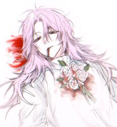 Rule 34 | 1boy, blood, blood from mouth, blood on clothes, chromatic aberration, commentary request, flower, hatsutori hajime, korean commentary, long sleeves, male focus, nyong 51, parted bangs, pink hair, red eyes, rose, saibou shinkyoku, simple background, sketch, solo, upper body, white background, white flower, white rose