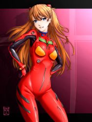 Rule 34 | 1girl, blue eyes, bodysuit, bracer, breasts, contrapposto, cowboy shot, gloves, gradient background, grin, hair between eyes, hair ornament, hands on own hips, headgear, highres, hitomori, letterboxed, long hair, looking at viewer, neon genesis evangelion, orange hair, parted lips, pilot suit, plugsuit, purple background, shadow, signature, small breasts, smile, smug, solo, souryuu asuka langley, standing, teeth, turtleneck