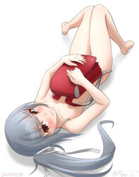 Rule 34 | 1girl, backpack, bag, barefoot, brown eyes, completely nude, flat chest, full body, grey hair, kantai collection, kasumi (kancolle), long hair, looking at viewer, lying, nude, one-hour drawing challenge, randoseru, ray.s, side ponytail, solo