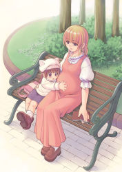 Rule 34 | 2girls, age difference, animal hat, bag, bench, blonde hair, book, braid, bush, cat hat, dress, family, hat, long hair, mil (xration), multiple girls, orange hair, plant, pregnant, red hair, road, short hair, size difference, street, tree