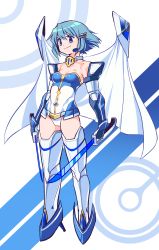 Rule 34 | 1girl, adapted costume, alternate costume, arm guards, armor, armored boots, blue eyes, blue hair, blush, boots, breasts, cape, cleavage, dual wielding, floating, floating object, full body, gloamy, gloves, hair ornament, hairclip, headset, highres, holding, holding sword, holding weapon, leotard, mahou shoujo madoka magica, mahou shoujo madoka magica (anime), mecha musume, mechanical legs, medium breasts, miki sayaka, short hair, shoulder armor, smirk, solo, soul gem, strapless, strapless leotard, sword, thigh boots, two-tone background, v-shaped eyebrows, weapon, white cape, white gloves