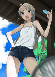Rule 34 | 1girl, blurry, breasts, casual, depth of field, doushimasho, flat chest, from below, holding, long hair, looking at viewer, open mouth, original, ponytail, popsicle, shorts, solo, summer