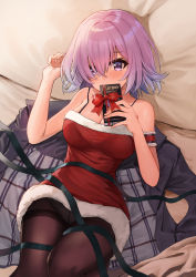 Rule 34 | 1girl, alternate costume, ayul (ayulneri 92), bare shoulders, black pantyhose, blush, box, breasts, christmas, collarbone, commentary request, condom, condom wrapper, dress, fate/grand order, fate (series), foreshortening, frills, from above, hair over one eye, hat, highres, jacket, unworn jacket, large breasts, long hair, looking at viewer, lying, mash kyrielight, on back, pantyhose, purple eyes, red ribbon, revision, ribbon, santa costume, santa dress, santa hat, short hair, solo, thighband pantyhose