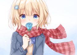 Rule 34 | 1girl, blonde hair, blue bow, blue eyes, blue flower, blue jacket, blue neckwear, blue rose, blush, bow, commentary request, covered mouth, flower, gradient background, hair between eyes, hair ornament, holding, holding flower, jacket, looking at viewer, original, plaid, plaid scarf, red scarf, rose, scarf, shirt, short hair, simple background, snow, snowflake hair ornament, solo, tilt gyx, upper body, white background, winter, yellow shirt