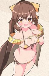 Rule 34 | 1girl, asage (asgsn), bangle, bikini, bow, bracelet, breasts, brown eyes, brown hair, cape, delthea (fire emblem), eyebrows, eyelashes, fang, female focus, fire emblem, fire emblem echoes: shadows of valentia, front-tie bikini top, front-tie top, hair between eyes, hair bow, highres, jewelry, matching hair/eyes, navel, nintendo, open mouth, ponytail, shiny skin, side-tie bikini bottom, sidelocks, skin fang, small breasts, solo, standing, stomach, sweat, swimsuit, thighs, yellow bikini