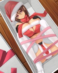 Rule 34 | 1girl, aebafuti, belt, black gloves, blush, box, breasts, brown hair, clothing cutout, folded, gloves, hat, heart, heart cutout, highres, in box, in container, knees to chest, large breasts, looking at viewer, lying, md5 mismatch, on back, original, pink eyes, santa hat, scarf, skirt, smile, solo, thighhighs, white thighhighs