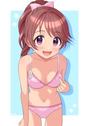 Rule 34 | 1girl, blue background, blush, bow, bra, breasts, brown hair, collarbone, commentary request, cowboy shot, floral print, hair bow, hand up, highres, idolmaster, idolmaster cinderella girls, lace, lace-trimmed bra, lace-trimmed panties, lace trim, long hair, looking at viewer, navel, open mouth, panties, pink bow, pink bra, pink panties, ponytail, print bra, print panties, red eyes, shadow, shiina noriko, small breasts, smile, solo, stomach, thighs, underwear, wgm oekaki