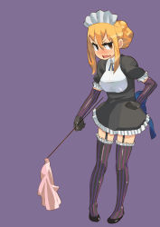 Rule 34 | 1girl, agrias oaks, blonde hair, blush, breasts, elbow gloves, fgz, final fantasy, final fantasy tactics, garter straps, gloves, long hair, maid, solo, striped clothes, striped thighhighs, thighhighs, vertical-striped clothes, vertical-striped thighhighs