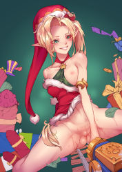 Rule 34 | 1girl, absurdres, ambitious elf jinx, banknote, bare arms, bare shoulders, blonde hair, blonde pubic hair, blush, bow, box, breasts, christmas, cleft of venus, clothes lift, condom, condom wrapper, di yi xing zian, dildo, dress, dress lift, dutch angle, female pubic hair, gift, gift box, gradient background, green background, green eyes, hat, highres, jinx (league of legends), league of legends, long hair, long pointy ears, mars symbol, medium breasts, money, nipples, no bra, one breast out, parted lips, pointy ears, pubic hair, pussy, santa dress, santa hat, sex toy, simple background, sitting, skinny, small breasts, smile, solo, sparse pubic hair, spiked dildo, spread legs, toy train, uncensored, wariza