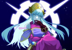Rule 34 | 1girl, 96az1, aeos, baggy clothes, baggy pants, bare shoulders, blue eyes, blue hair, blue skin, clock, collarbone, colored skin, covered collarbone, crossed legs, dragon ball, dragon ball heroes, earrings, gloves, hand on own chin, hand up, highres, jewelry, long hair, looking at viewer, pants, pointy ears, potara earrings, purple gloves, sidelocks, smile, solo, tiara, twitter username, undershirt