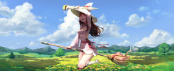 Rule 34 | 1girl, absurdres, blue sky, boots, broom, broom riding, brown hair, cloud, flower, flying, hand on headwear, hat, highres, kagari atsuko, knee boots, little witch academia, long hair, mountain, pink ribbon, red eyes, red ribbon, ribbon, sky, smile, solo, thighs, tower, tree, wabeibei, white hair, wide sleeves, witch hat