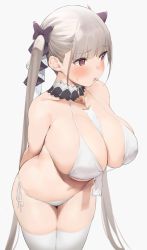 Rule 34 | 1girl, :o, arms behind back, azur lane, bare shoulders, between breasts, bikini, blush, breasts, cleavage, commentary request, detached collar, female focus, formidable (azur lane), grey hair, hair ribbon, highres, large breasts, leaning forward, long hair, navel, nekoshoko, open mouth, pink eyes, ribbon, side-tie bikini bottom, simple background, solo, standing, sweatdrop, swimsuit, thighhighs, twintails, very long hair, white background, white bikini, white thighhighs