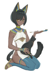 Rule 34 | 1girl, animal, animal ears, animal on lap, black cat, black hair, blue thighhighs, cat, cat ears, cat girl, cat on lap, cat tail, closed mouth, dark-skinned female, dark skin, dress, egyptian clothes, green nails, hair between eyes, highres, holding, holding smoking pipe, looking at viewer, nail polish, on lap, original, short dress, short hair, side slit, simple background, sitting, smoking pipe, solo, tail, thighhighs, toeless legwear, toenail polish, toenails, vinoker, white background, white dress, yellow eyes