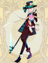 Rule 34 | 1boy, :d, black hat, black pants, boots, bow, dairoku ryouhei, earrings, elf, formal, full body, hair between eyes, hat, hat bow, hat feather, high heel boots, high heels, holding, holding scythe, holding stuffed toy, jewelry, l (matador), male focus, open mouth, pants, pocket watch, pointy ears, red vest, scythe, simple background, smile, solo, standing, stuffed animal, stuffed rabbit, stuffed toy, suit, vest, watch, white hair, yellow background