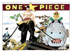 Rule 34 | 2001, 3boys, animal, artistic error, bandana, bird, black pants, boots, border, building, color spread, colorspread, copyright name, cover, cover page, crossed arms, dual wielding, earrings, flag, gun, haramaki, hat, highres, hippopotamus, holding, indian style, jewelry, jolly roger, male focus, math error, monkey d. luffy, multiple boys, oda eiichirou, official art, one piece, outdoors, pants, pirate, riding, roronoa zoro, sandai kitetsu, sash, scar, sitting, straw hat, sword, topless male, usopp, weapon