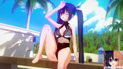 Rule 34 | 3d, bare shoulders, bikini, black hair, blue sky, bottle, breasts, cleavage, cloud, exhausted, feet, fence, highres, long hair, lunaria (artist), medium breasts, neptune (series), noire (neptunia), open mouth, palm tree, red eyes, ribbon, sand, sky, swimsuit, thighs, toes, tree, twintails, water bottle