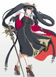 Rule 34 | 1girl, absurdres, armored boots, artist request, azur lane, black coat, black footwear, black hair, black ribbon, boots, breasts, buttons, cape, coat, double-breasted, floating hair, from below, full body, fur-trimmed cape, fur trim, gloves, hat, high heels, highres, large breasts, long hair, military hat, peaked cap, peter strasser (azur lane), red cape, red eyes, ribbon, solo, stiletto heels, twintails, very long hair, white gloves, white hat