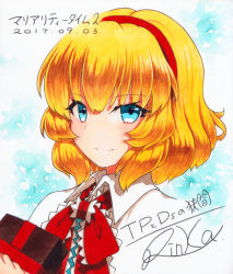 Rule 34 | 1girl, alice margatroid, artist name, bad id, bad pixiv id, blonde hair, blue eyes, closed mouth, dated, hairband, looking at viewer, qqqrinkappp, short hair, signature, smile, solo, touhou, traditional media, upper body