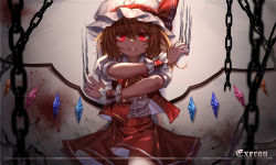 Rule 34 | 1girl, absurdres, ascot, back bow, blonde hair, blood, bow, clenched teeth, collared shirt, flandre scarlet, frilled shirt collar, frilled skirt, frilled sleeves, frills, hat, hat ribbon, highres, medium hair, mob cap, one side up, puffy short sleeves, puffy sleeves, red eyes, red ribbon, red skirt, red vest, ribbon, scratching, shirt, short sleeves, skirt, skirt set, slit pupils, solo, teeth, top-exerou, touhou, vest, white bow, white hat, white shirt, wrist cuffs, yellow ascot