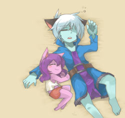 Rule 34 | 1boy, 1girl, animal ears, barefoot, blue hair, blue skin, blush stickers, child, colored skin, closed eyes, father and daughter, hair over one eye, if they mated, league of legends, lulu (league of legends), open mouth, purple hair, purple skin, scar, sleeping, smile, veigar, yan531, yordle