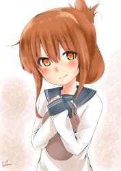 Rule 34 | 10s, 1girl, blush, brown hair, folded ponytail, hands on own chest, highres, inazuma (kancolle), kantai collection, long hair, long sleeves, looking at viewer, orange eyes, school uniform, simple background, solo, yoshiki (bpmaxm)