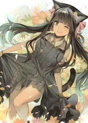 Rule 34 | 1girl, animal ears, black hair, blunt bangs, cat ears, cat tail, collared dress, dress, floral background, flower, frills, green eyes, hair flower, hair ornament, hair scrunchie, holding, holding clothes, holding skirt, jewelry, kneehighs, leg up, long hair, looking at viewer, low twintails, one eye closed, open mouth, original, pendant, petals, rayvon, scrunchie, sidelocks, skirt, sleeveless, sleeveless dress, smile, socks, solo, tail, twintails, white socks, wristband
