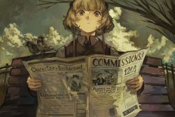 Rule 34 | 1girl, absurdres, bench, bird, blonde hair, brown eyes, brown vest, cloud, collared shirt, day, highres, kornod, looking up, newspaper, original, park, price list, reading, shirt, short hair, solo, sparrow, tree, vest, white shirt