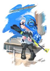 Rule 34 | 1girl, ankle boots, black footwear, blue eyes, blue hair, blue sky, boots, closed mouth, cloud, collared shirt, cross-laced footwear, day, grey pants, headphones, hero charger (splatoon), highres, holding, inkling, inkling girl, inkling player character, lace-up boots, long hair, long sleeves, mast, multicolored clothes, multicolored shirt, nintendo, outdoors, pants, ship, shirt, signature, sitting, sky, smile, solo, splatoon (series), splatoon 2, tarai (silica5), tentacle hair, twitter username, watercraft