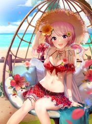 Rule 34 | 1girl, :d, arm up, bad id, bad pixiv id, bang dream!, bare legs, bare shoulders, beach, belt, bikini, bikini skirt, blurry, blurry foreground, blush, breasts, cleavage, cloud, cloudy sky, commentary, day, detached sleeves, earrings, feet out of frame, flower, food-themed hair ornament, frilled bikini, frills, front-tie bikini top, front-tie top, hair flower, hair ornament, hat, hibiscus, jewelry, light blush, looking at viewer, maruyama aya, medium breasts, navel, o n j i, ocean, open mouth, outdoors, palm tree, petals, pillow, pink eyes, pink hair, plaid, plaid bikini, red bikini, red flower, round teeth, scrunchie, sitting, sky, smile, solo, stomach, straw hat, strawberry hair ornament, swept bangs, swimsuit, teeth, tree, twintails, white scrunchie, yellow flower