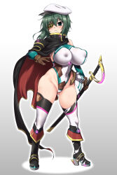 Rule 34 | 1girl, adapted costume, alternate costume, blush, boots, cameltoe, cape, closed mouth, commission, covered erect nipples, covered navel, cutlass, elbow gloves, eyepatch, gloves, gluteal fold, green eyes, hat, highleg, highleg leotard, highres, holding, holding weapon, impossible clothes, kantai collection, kiso (kancolle), leotard, long hair, looking at viewer, short hair, simple background, skeb commission, solo, standing, sword, taimanin suit, thighhighs, thighs, weapon, white background, yoshi tama