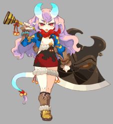 Rule 34 | 1girl, axe, bell, boots, female focus, flat chest, full body, horns, jingle bell, mota, nipples, open clothes, open mouth, original, pointy ears, purple hair, red eyes, simple background, solo, tail, weapon