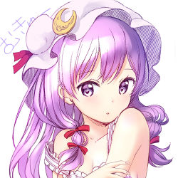 Rule 34 | 1girl, breasts, catbell, cleavage, collarbone, crescent, crescent hair ornament, floating hair, hair ornament, hair ribbon, hat, hat ribbon, long hair, looking at viewer, off shoulder, parted lips, patchouli knowledge, portrait, purple eyes, purple hair, red ribbon, ribbon, simple background, sleeveless, small breasts, solo, touhou, white background, white hat