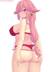 Rule 34 | 1girl, ass, babydoll, blush, breasts, closed mouth, commentary, english commentary, from behind, genshin impact, highres, large breasts, lingerie, long hair, looking at viewer, looking back, nottytiffy, panties, patreon username, pink hair, purple eyes, red babydoll, red panties, see-through, simple background, solo, thighs, underwear, white background, yae miko