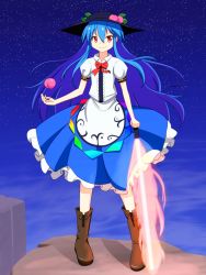 Rule 34 | 1girl, blue hair, boots, bow, cato (monocatienus), energy sword, female focus, food, frilled skirt, frills, fruit, hat, highres, hinanawi tenshi, leaf, lightsaber, long hair, peach, puffy sleeves, red eyes, skirt, sky, smile, solo, star (symbol), sword, touhou, weapon