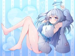 Rule 34 | 1girl, aqua nails, arm up, armpits, bare legs, barefoot, blue background, blue bow, blue bowtie, blue eyes, blush, bow, bowtie, breasts, character request, copyright request, dae (dog-of-maou), dress, eyelashes, feet, full body, grey dress, grey hair, hair between eyes, hair ornament, hand up, highres, knees together feet apart, leaning back, legs, long hair, looking at viewer, medium breasts, nail polish, on ground, panties, pleated dress, shiny skin, short dress, sidelocks, sitting, solo, toenail polish, toenails, toes, underwear, white panties, x hair ornament