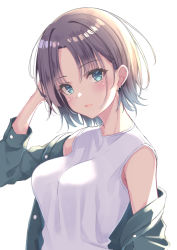 Rule 34 | 1girl, asakura toru, bare shoulders, blush, breasts, brown hair, brown jacket, commentary request, earrings, hand up, hatsu (first snow), idolmaster, idolmaster shiny colors, jacket, jewelry, large breasts, long sleeves, looking at viewer, off shoulder, open clothes, open jacket, parted bangs, shirt, short hair, simple background, sleeveless, sleeveless shirt, smile, solo, upper body, white background, white shirt