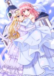 Rule 34 | 2girls, alternate costume, bare shoulders, blonde hair, blue dress, blue gloves, blue sky, blurry, blurry background, blush, bow, breasts, bridal veil, carrying, church, cloud, crying, crying with eyes open, day, dress, elbow gloves, flower, frilled dress, frills, gloves, graphite (medium), hair between eyes, hair bow, hair flower, hair ornament, hairband, happy tears, highres, ibuibuyou, lavender dress, lavender gloves, layered dress, lolita hairband, long dress, long hair, looking at viewer, married, medium breasts, multiple girls, open mouth, outdoors, petals, pink eyes, pink hair, purple eyes, saigyouji yuyuko, shiny skin, short hair, sky, smile, strapless, strapless dress, tears, touhou, traditional media, veil, wedding dress, wife and wife, yakumo yukari, yuri