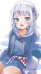 Rule 34 | 1girl, angeldu, arm support, asymmetrical hair, blue eyes, blue hair, blue hoodie, blue nails, blush, breasts, commentary, cowboy shot, fang, fins, fish tail, gawr gura, gawr gura (1st costume), grey hair, hair ornament, highres, hololive, hololive english, hood, hoodie, leaning back, long hair, looking at viewer, multicolored hair, nail polish, one side up, open mouth, shark hair ornament, shark tail, simple background, sitting, sleeves past wrists, small breasts, smile, solo, streaked hair, tail, two-tone hair, virtual youtuber, white background