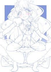 Rule 34 | 1girl, blue theme, cameltoe, closed mouth, commentary request, crotch seam, cure grace, flower, gloves, hair flower, hair ornament, hanadera nodoka, healin&#039; good precure, highres, jacket, long hair, looking at viewer, magical girl, miniskirt, miyagoe yoshitsuki, monochrome, outside border, panties, precure, puffy short sleeves, puffy sleeves, pussy juice, short sleeves, skirt, smile, solo, spot color, spread legs, squatting, underwear
