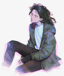 Rule 34 | 1boy, alzi xiaomi, brown hair, brown pants, chromatic aberration, closed mouth, commentary, english commentary, closed eyes, green jacket, highres, jacket, long hair, long sleeves, male focus, original, pants, photo-referenced, shirt, sitting, solo, white shirt