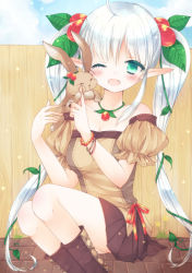 Rule 34 | 1girl, ;d, bare shoulders, boots, day, elf, fang, fence, green eyes, hair bobbles, hair ornament, leaf, long hair, one eye closed, open mouth, original, pointy ears, sitting, skirt, sky, smile, smina, solo, twintails, usano mimio (popop), very long hair, white hair, wink