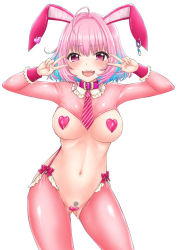 Rule 34 | 1girl, ahoge, animal ears, areola slip, black pubic hair, blue hair, blush, breasts, collar, cowboy shot, double v, earrings, fangs, female pubic hair, gluteal fold, groin, hair intakes, hands up, heart, heart earrings, heart maebari, heart pasties, idolmaster, idolmaster cinderella girls, jewelry, long sleeves, looking at viewer, maebari, medium breasts, meme attire, mismatched pubic hair, multicolored hair, navel, necktie, open mouth, ozaki mirai, pasties, pill earrings, pink eyes, pink hair, pink legwear, pink necktie, pubic hair, rabbit ears, reverse bunnysuit, reverse outfit, short hair, simple background, smile, solo, sparkle, standing, striped necktie, striped neckwear, tongue, two-tone hair, v, white background, wrist cuffs, yumemi riamu