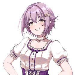 Rule 34 | 1girl, bow, breasts, brown eyes, collarbone, disco brando, grin, hair ornament, hairclip, idolmaster, idolmaster cinderella girls, idolmaster cinderella girls starlight stage, jewelry, koshimizu sachiko, looking at viewer, necklace, parted lips, puffy short sleeves, puffy sleeves, purple bow, purple hair, short hair, short sleeves, small breasts, smile, solo, teeth, upper body