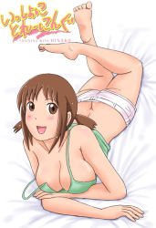 Rule 34 | 00s, 1girl, ass, bare shoulders, barefoot, blush, breasts, brown eyes, brown hair, butt crack, cleavage, downblouse, feet, feet up, full body, hinako (issho ni training), issho ni training, large breasts, looking at viewer, lying, no bra, off shoulder, on stomach, open mouth, short hair, short shorts, short twintails, shorts, solo, strap slip, sweat, take0627, tank top, twintails