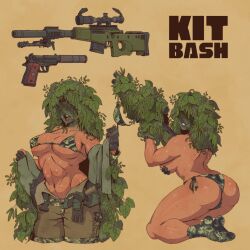 Rule 34 | 1girl, abs, bikini, breasts, camouflage, camouflage bikini, dark skin, digital camouflage, english text, facepaint, fingerless gloves, ghillie suit, gloves, green lips, gun, hand on own breast, hand on own chest, handgun, hat legs, highres, jacket, knife, large breasts, looking back, mole, mole on cheek, no eyes, open clothes, open jacket, original, pistol, rail (weapon), rifle, scope, side-tie bikini bottom, sniper rifle, socks, suppressor, swimsuit, toned, undressing, weapon, yellow background