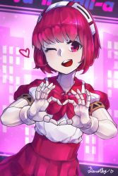 Rule 34 | 1girl, android, bar (place), bow, bowtie, city, cityscape, copyright name, cyberpunk, dorothy haze, hairband, hand gesture, heart, heart hands, highres, mr.lime, one eye closed, out of frame, pink eyes, pink hair, solo, va-11 hall-a, window